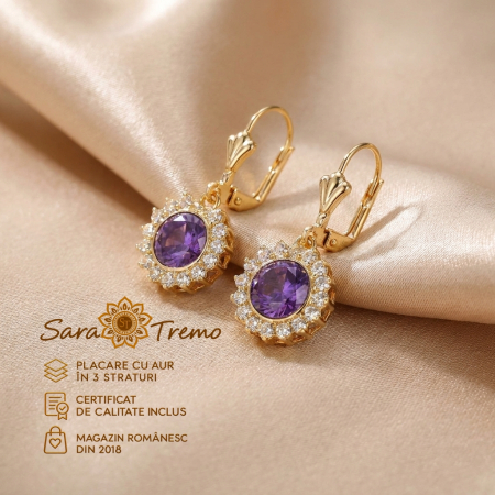 Bijuterii pentru femei - Cercei Violetta Royale cu pietre violet ovale și contur strălucitor, placați cu aur 18K, 3 cm – Brazilia