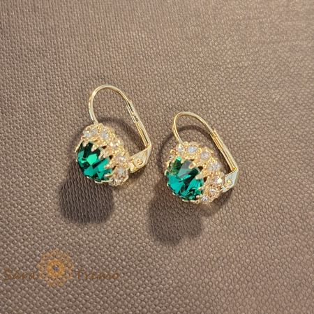Cercei clasici placați cu aur – floare mare cu cristal zirconia verde
