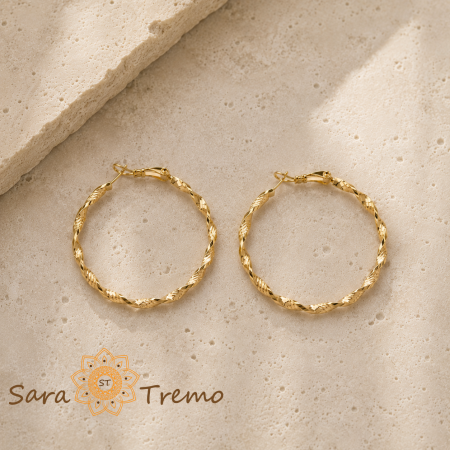 Bijuterii placate cu aur - Cercei Elodie – cercei rotunzi torsada, placaj triplu cu aur 14K, 4,5 cm