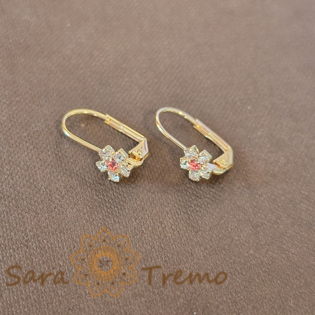 Bijuterii placate cu aur - Cercei floare cu cristal zirconia roz central și cristale albe pe margini