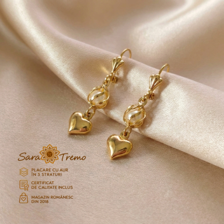 Cercei - Cercei lungi Amore Intreccio cu inimioare aurii și sfere ajurate, placați cu aur 18K, 4 cm – Brazilia