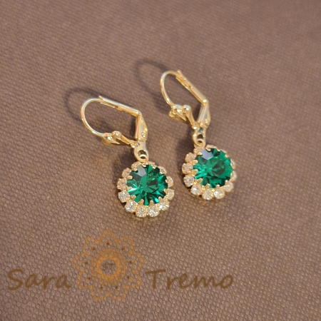 Cercei placati cu aur 18K, cristale zirconia verde+albe în formă de crizantemă [0]