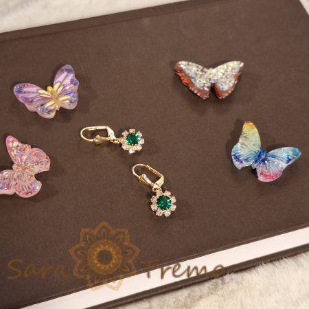 Cercei placati cu aur 18K, cristale zirconia verde+albe în formă de floare [1]