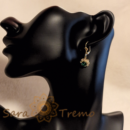Cercei placati cu aur 18K, cristale zirconia verde+albe în formă de floare [4]