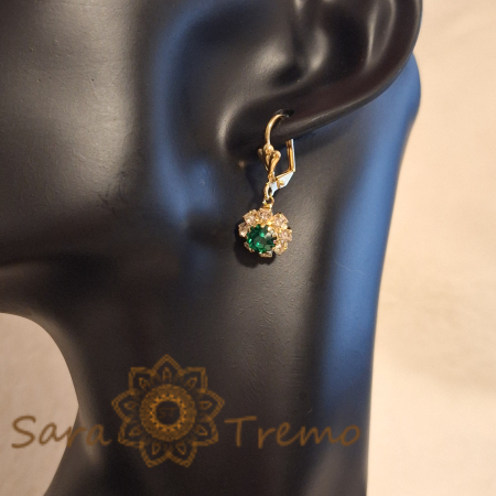 Cercei placati cu aur 18K, cristale zirconia verde+albe în formă de floare [5]