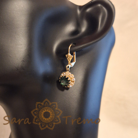 Cercei placati cu aur 18K, cristale zirconia verde marin+albe în formă de crizantemă [4]