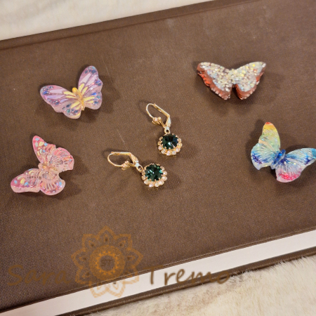 Cercei placati cu aur 18K, cristale zirconia verde marin+albe în formă de crizantemă [1]