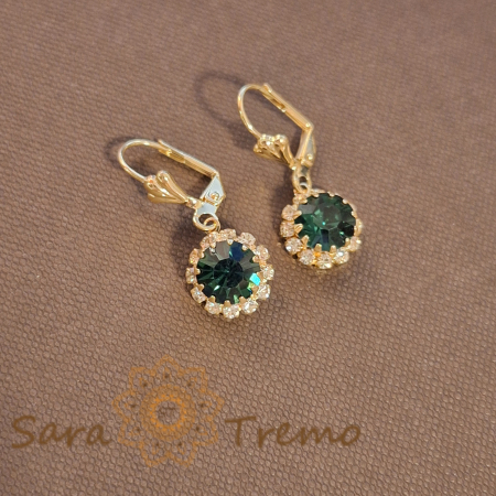 Cercei placati cu aur 18K, cristale zirconia verde marin+albe în formă de crizantemă [0]