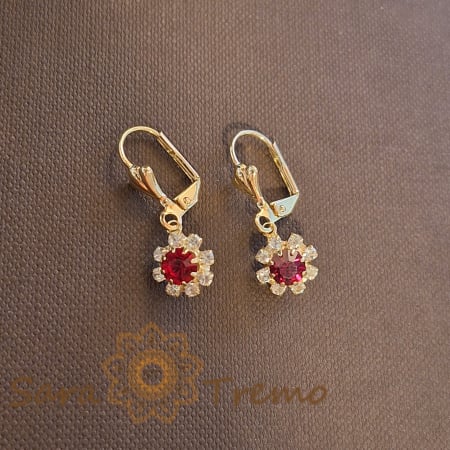 Cercei - Cercei placati cu aur cu cristale zirconia rosii Flora - 2.5 cm
