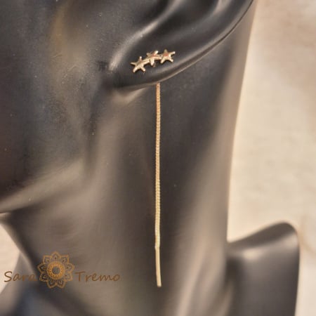 Cercei placați cu aur – model fir prin ureche, 3 steluțe decorative pe lob [2]