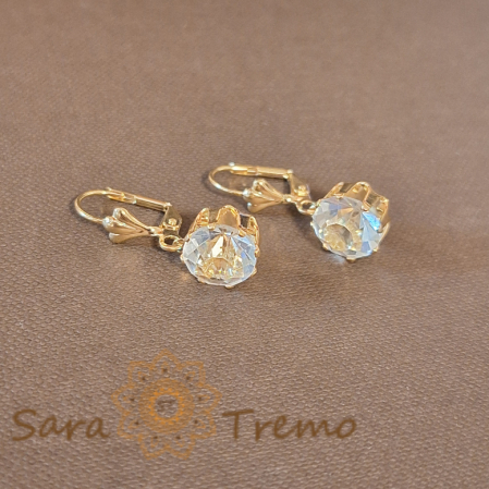 Cercei Placați cu Aur, Model Clasic cu Cristal Zirconia Alb-Crem Fațetat de Mari Dimensiuni