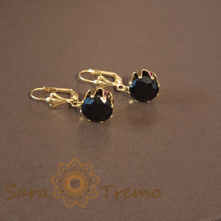 Bijuterii placate cu aur - Cercei Placați cu Aur, Model Clasic cu Cristal Zirconia Negru Fațetat