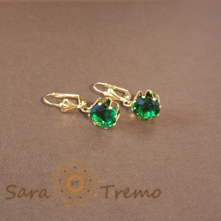 Cercei - Cercei Placați cu Aur, Model Clasic cu Cristal Zirconia Verde Fațetat de Mari Dimensiuni