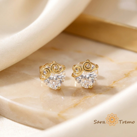 Cercei - Cercei Bufnita Luminoasa – Cercei placati cu 3 straturi de aur 14K, zirconia inima