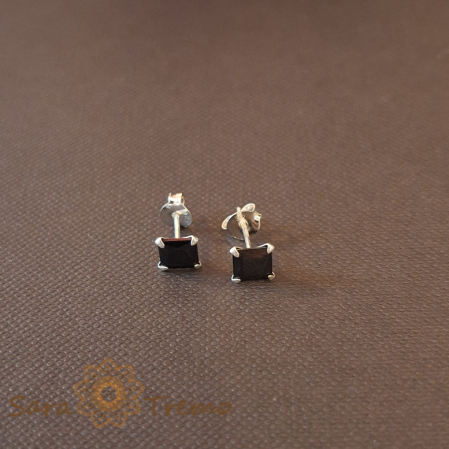 Cercei din argint - Cercei Unisex Argint 925 cu Cristal Zirconia Negru Pătrat