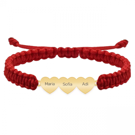 Bratari personalizate argint - secundar - Bratara personalizata snur impletit cu trei inimi din argint 925 placat cu aur galben 24K