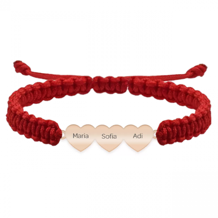 Bratari personalizate argint - secundar - Bratara personalizata snur impletit cu trei inimi din argint 925 placat cu aur roz