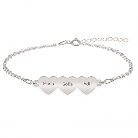 Idei de cadouri - Bratara cu 3 inimi personalizate cu nume - argint 925