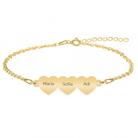 Bijuterii din argint placate cu aur 24K - Bratara cu 3 inimi personalizate cu nume - argint 925 placat cu aur 24K