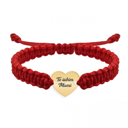Bratari personalizate - Bratara personalizata snur impletit cu inimioara si text gravat din argint 925 placat cu aur galben 24K