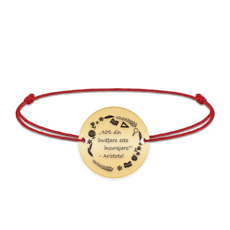 Bijuterii personalizate - Courage - Bratara personalizata snur "90% din invatare este incurajare" din argint 925 placat cu aur galben 24K