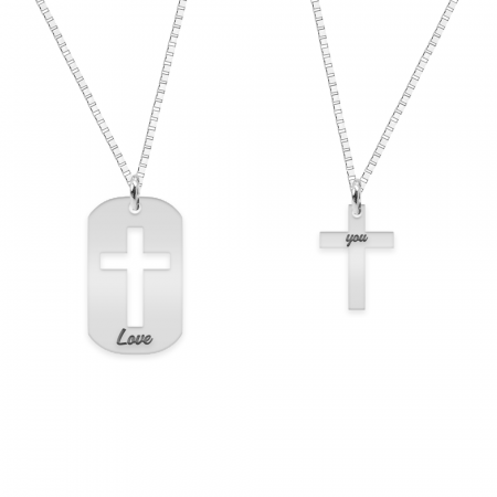 Cruciulite din argint - Credo - Set coliere personalizate pentru cuplu dog tag si cruciulita din argint 925