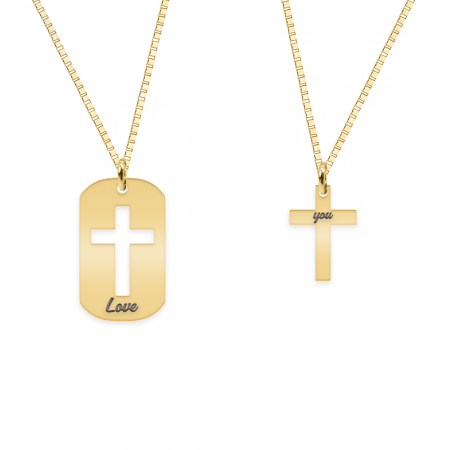 Cruciulite - Credo - Set coliere personalizate pentru cuplu dog tag si cruciulita din argint 925 placat cu aur galben 24K