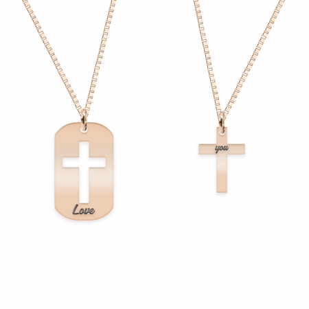 Cruciulite - Credo - Set coliere personalizate pentru cuplu dog tag si cruciulita din argint 925 placat cu aur roz