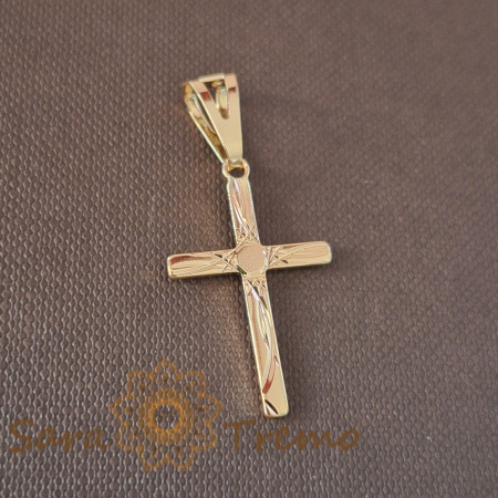 Bijuterii placate cu aur - Cruce fină 3 cm cu gravuri de soare și raze – Simbol al Luminii divine