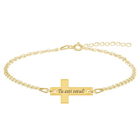 Bijuterii placate cu aur - Crux - Bratara personalizata din argint placat cu aur galben 24K cruce cu text