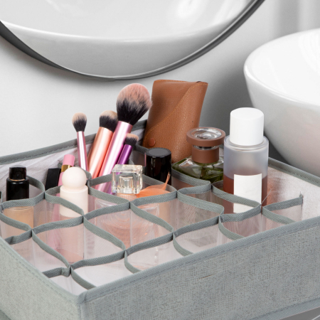 Cutie depozitare din material textil, 32x32x10 cm, 24 compartimente, gri, pliabila [0]