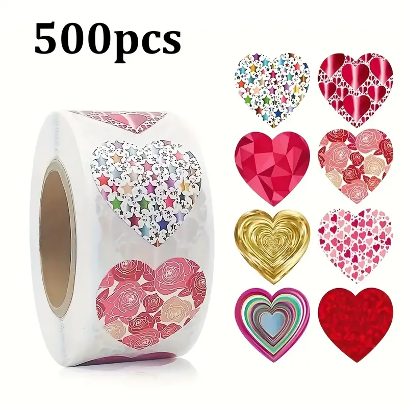 Accesorii - Set 500 etichete autocolante inimă – pe rolă, modele și culori variate