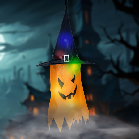 Casa si Gradina - Decor LED Halloween - fantomă - galben - 10 LED-uri colorate - poate fi agățat - 2 x 2032 - 75 x 35
