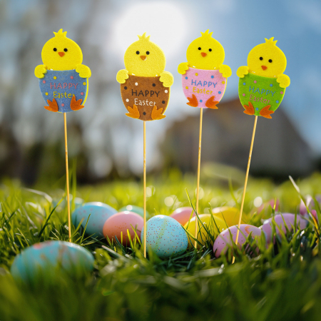 Articole de Sezon, Sarbatori si Evenimente - Decor Paste pui pe bat, decoratiune Paste pentru ghiveci si gradina, figurina pui 9 cm