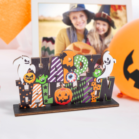 Pentru casa - Decor pentru raft din lemn de Halloween - "Happy Halloween" - 17 x 10 x 4 cm