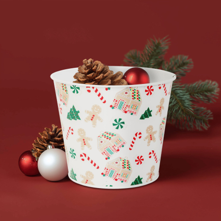 Craciun si Iarna - Decorațiune de Crăciun - ghiveci metalic, găleată - căsuță - 13 x 11 cm