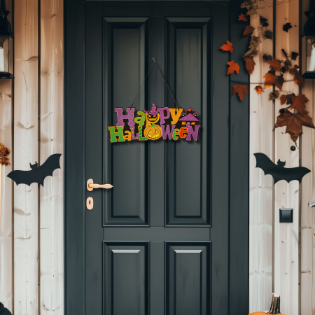 Casa si Gradina - Decorațiune de Halloween - "Happy Halloween" - agățabilă - 42,5 x 18 cm