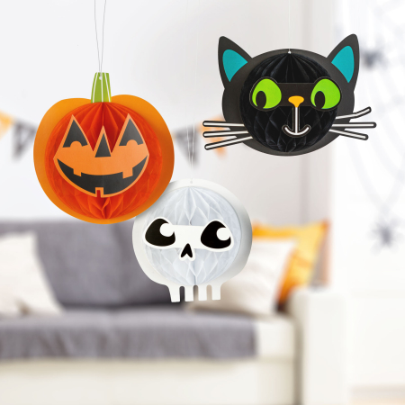 Decorațiune de Halloween - set de lampioane - dovleac, pisică, craniu - hârtie - 20 cm - 3 buc / set [0]