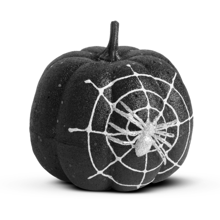 Casa si Gradina - Decoratiune dovleac de Halloween - sclipici negru - cu panza de paianjen - 15 cm