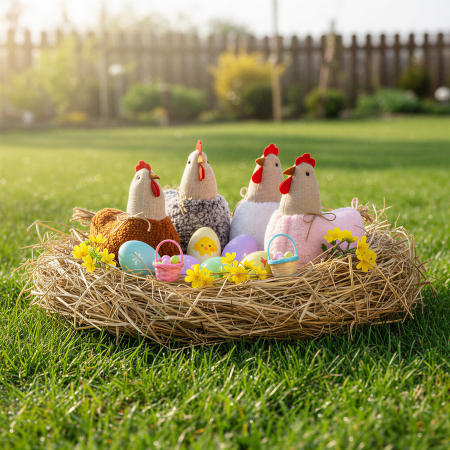 Pentru casa - Decoratiune gaina Paste, 21 cm, figurina textila, decor casa rustic, 4 modele, culori naturale