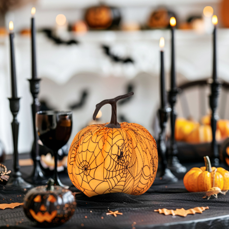 Pentru casa - Dovleac decor de Halloween - 16,5 cm - portocaliu - pânză de păianjen