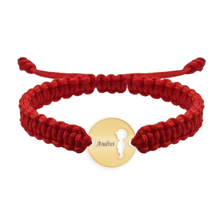 Idei de cadouri - Bratara personalizata snur impletit banut cu baietel si nume gravat din argint 925 placat cu aur galben 24K