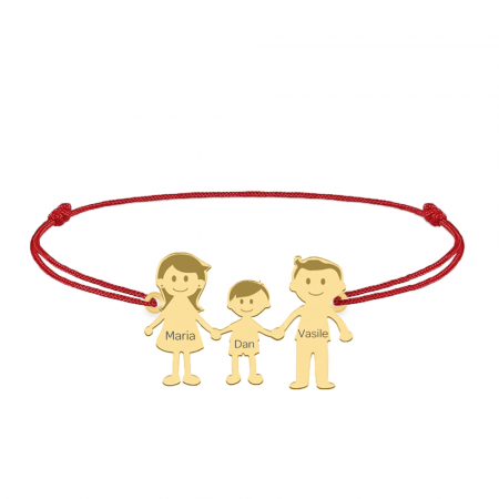 Bijuterii de cuplu si familie - Family - Bratara personalizata snur cu pandantiv din argint placat cu aur galben 24K membrii familiei - 3 membri