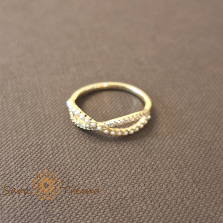 Inel dublu cu zirconia albe si perle eco - placat 14k [6]