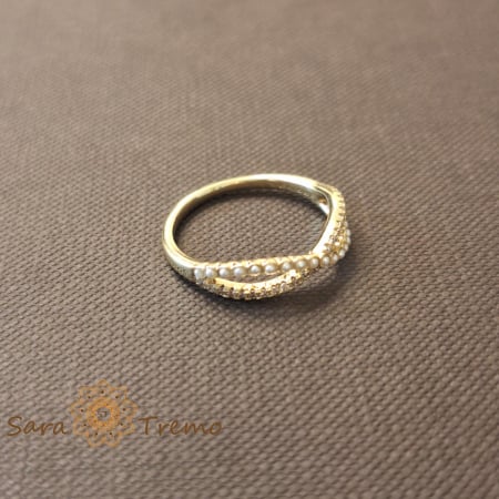 Bijuterii placate cu aur - Inel dublu cu zirconia albe si perle eco - placat 14k