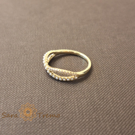 Inel dublu cu zirconia albe si perle eco - placat 14k [2]