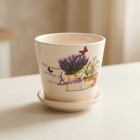 Pentru casa - Ghiveci Ceramic Lavender cu Farfurioară și Gaură de Drenaj, 9 cm, Crem