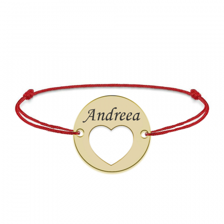 Bratari personalizate - Heart - Bratara snur personalizata banut cu nume si inimioara din argint 925 placat cu aur galben 24K