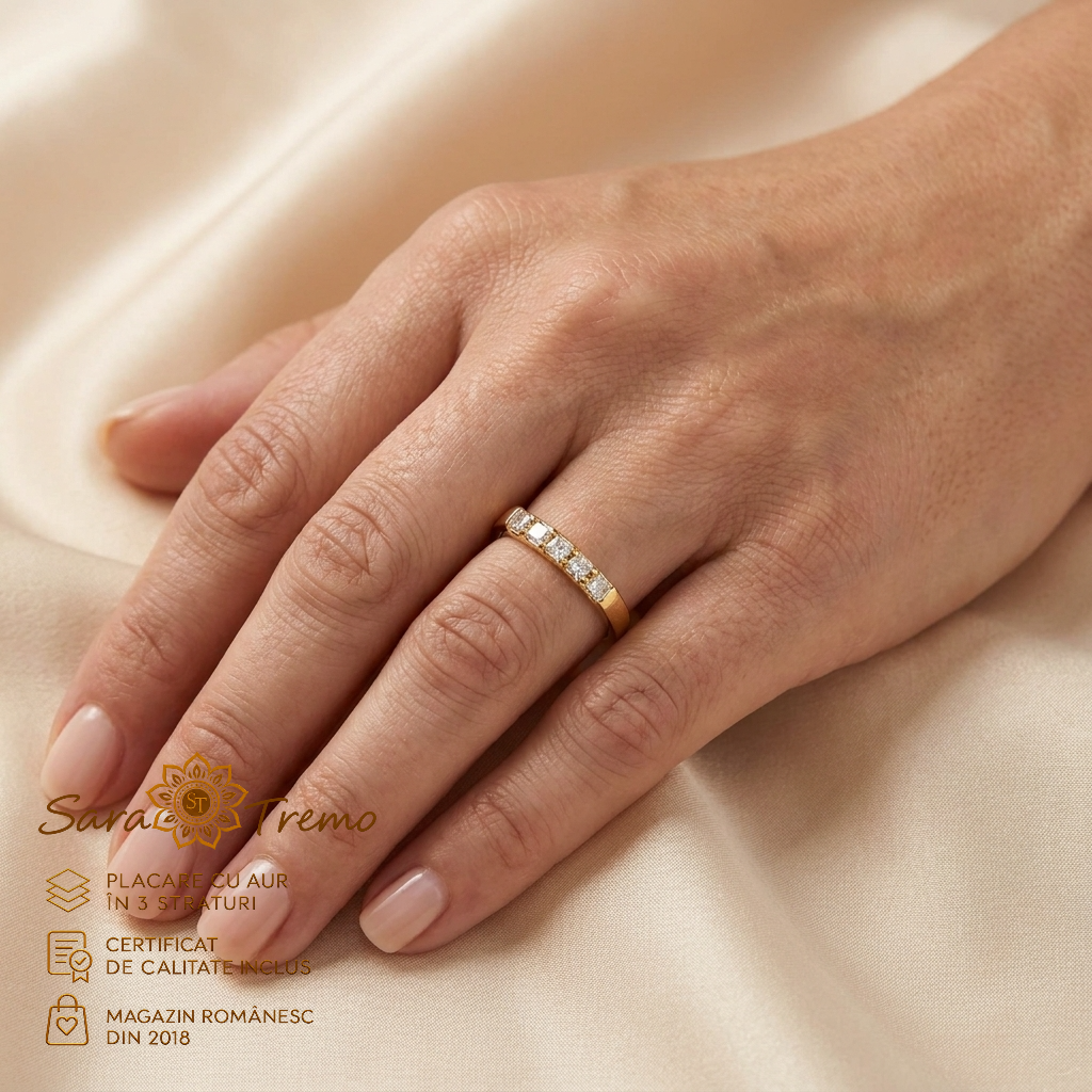 Inel Cinci Lumini cu zirconia pătrate, aur 14K | SaraTremo [1]