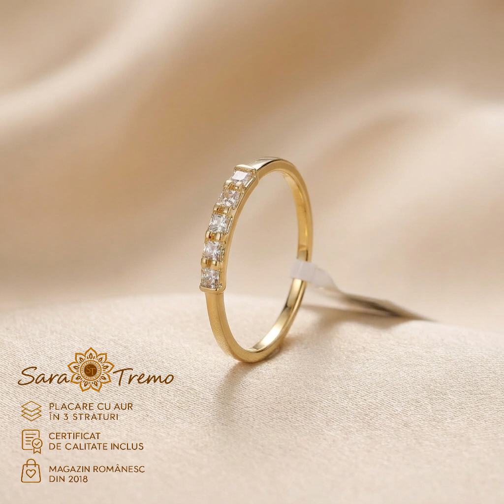 Bijuterii placate cu aur - Inel Cinci Lumini cu zirconia pătrate, aur 14K | SaraTremo